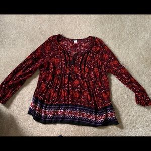 red patterned blouse